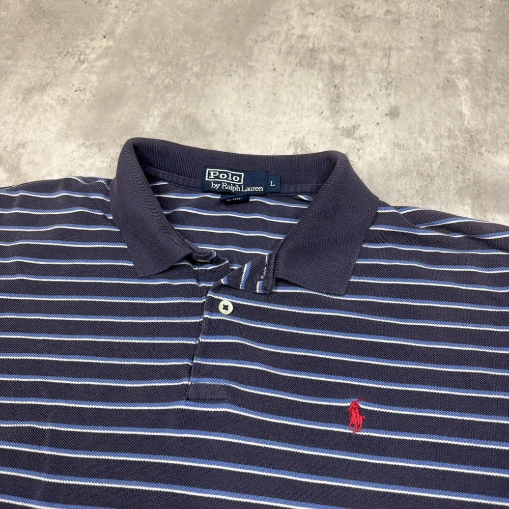 Polo Ralph Lauren Polo Shirt Mens L Blue Striped Short Sleeve Pony Logo Preppy